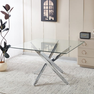 Chrome Dining Table With Cross Metal Leg And Glass