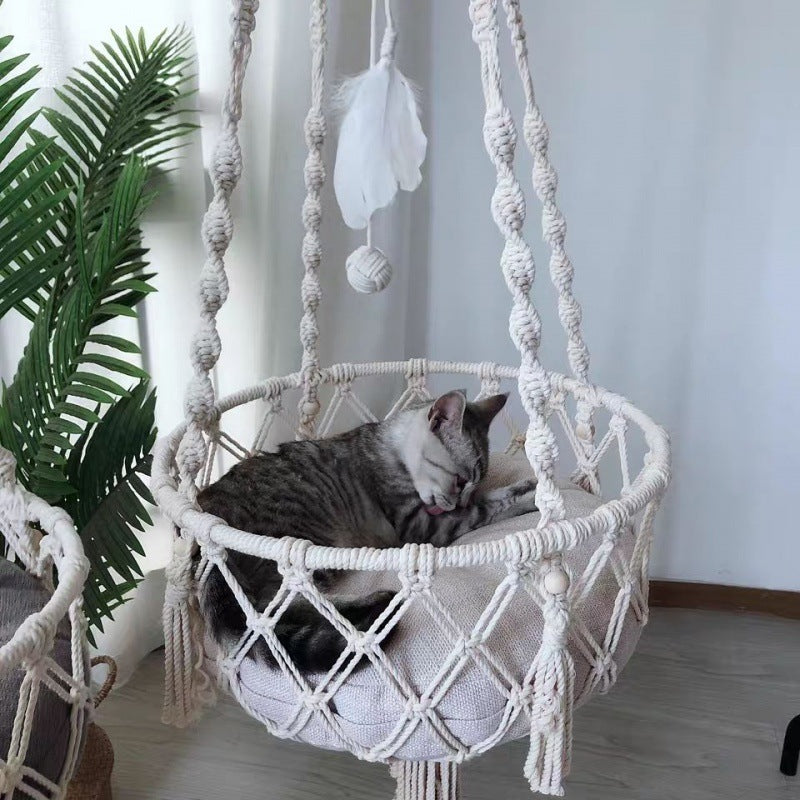 Boho Cat Hanging Basket – Handwoven Swing