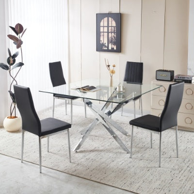 Chrome Dining Table With Cross Metal Leg And Glass