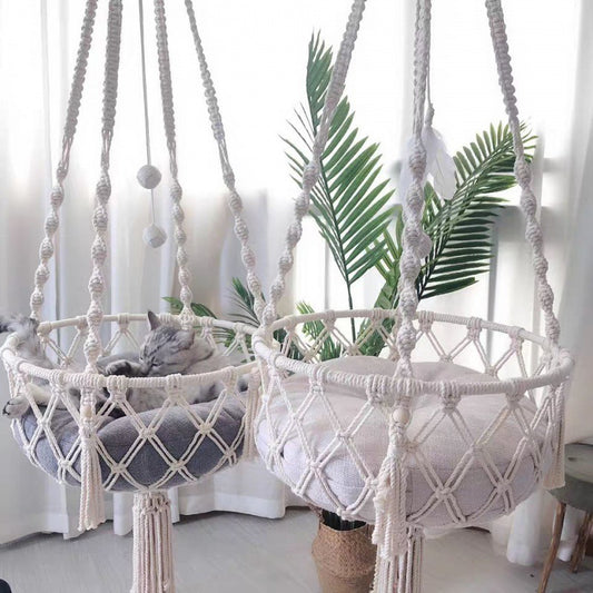 Boho Cat Hanging Basket – Handwoven Swing