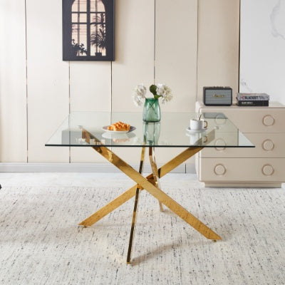 Chrome Dining Table With Cross Metal Leg And Glass